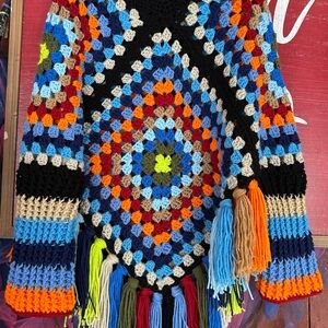 Colorful Crochet Poncho with Tassels
